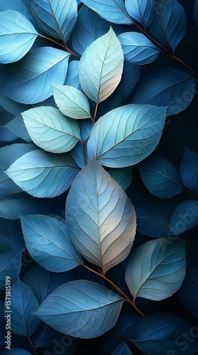 A stunning arrangement of blue leaves showcasing intricate textures and shades, perfect for backgrounds, nature themes, or design elements.