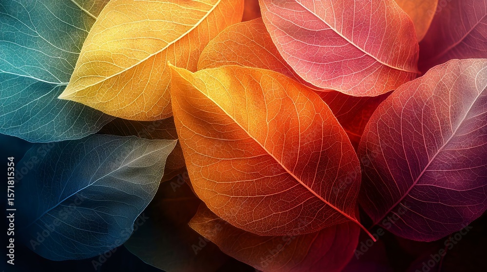 Obraz premium Colorful leaves in vivid shades of orange, yellow, and blue create a stunning autumn-themed background. Perfect for nature and seasonal designs.