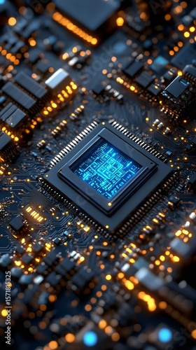 Close-up view of a computer microchip on a circuit board, showcasing intricate details and glowing elements, symbolizing technology and innovation.