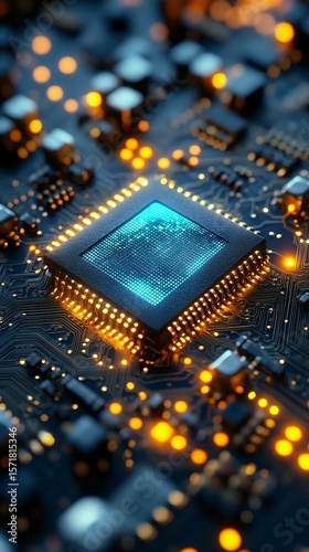 Close-up of a microprocessor on a circuit board, showcasing intricate details and glowing elements, symbolizing technology and innovation.