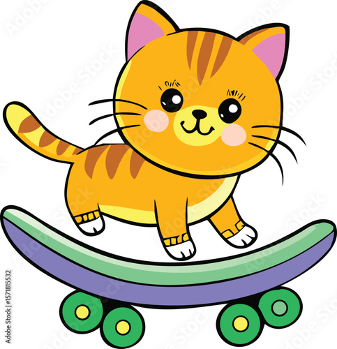 Cute cartoon tabby cat on a skateboard. Kawaii orange kitten vector illustration.
