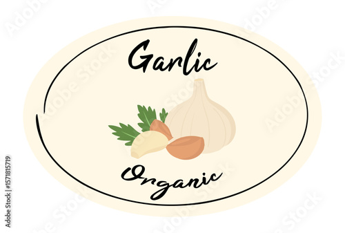 Organic Garlic Bulb and Cloves. Product tag or label with Fresh Natural Vegetable