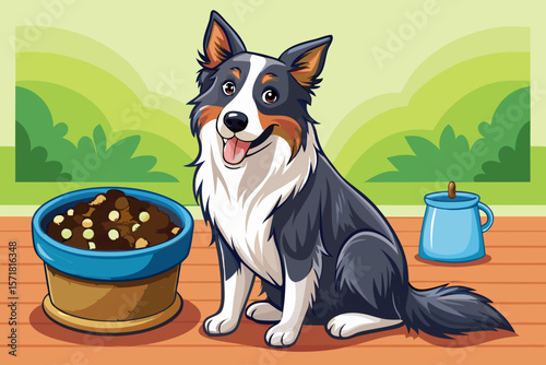 vector of The border collie is sitting next to a bowl full of nutritious dog food, sticking out her tongue as a sign of happiness.