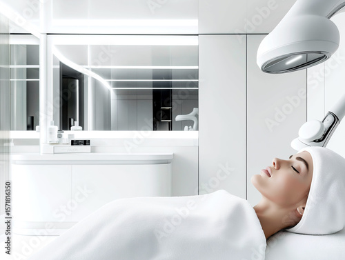 Woman receiving futuristic beauty treatment in minimal white high-tech clinic.