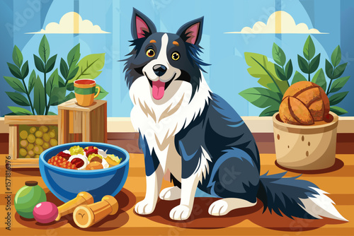 vector of The border collie is sitting next to a bowl full of nutritious dog food, sticking out her tongue as a sign of happiness.