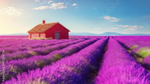 Cottage in lavender field under sunny skies