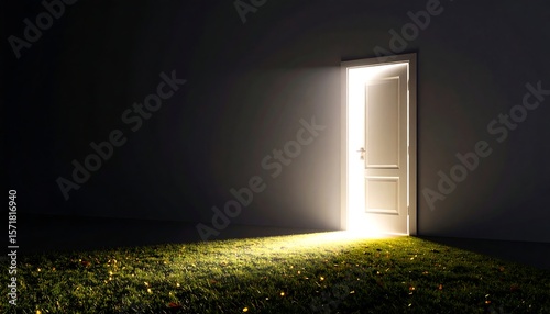 Door ajar, glowing; light spills onto grassy floor