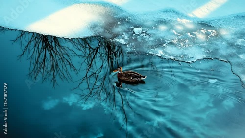 Wallpaper Mural Duck swimming in frozen lake surrounded by ice and winter landscape. High quality 4k footage Torontodigital.ca