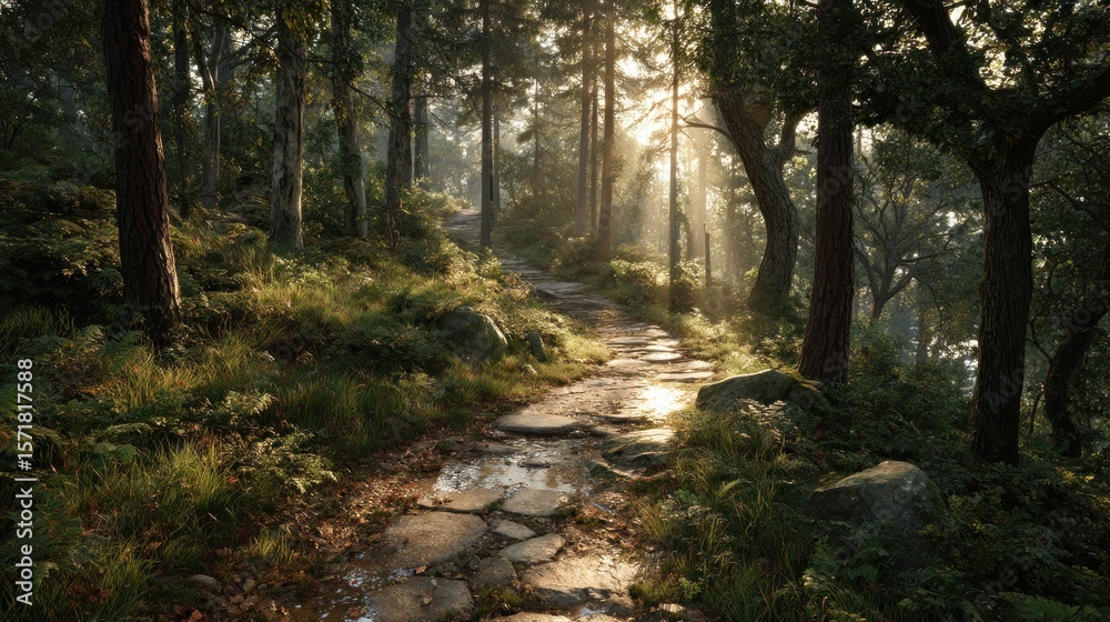 Fototapeta premium Sunlit Forest Path: A Mystical Stone Trail Through Verdant Woods