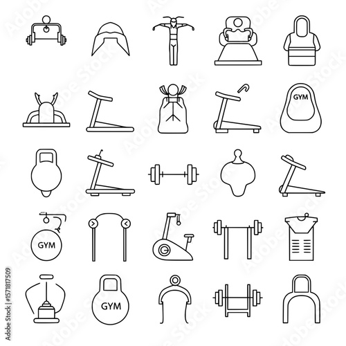 A set of 25 minimal line fitness and gym equipment icons on a transparent background, perfect for apps and