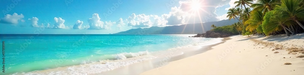 Obraz premium Sun-Drenched Hawaiian Beach Gentle Waves Lap White Sand, Turquoise Water, Perfect for Travel & Vacation Websites