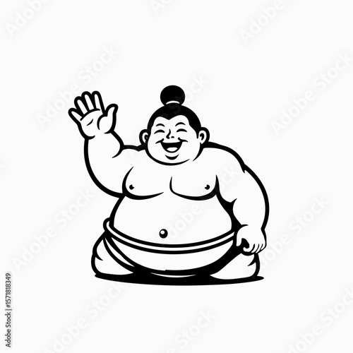 Happy cartoon sumo wrestler waving with a smile in black and white  