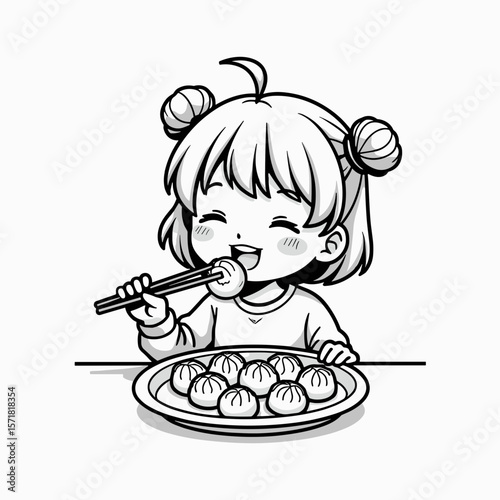Happy child eating dumplings with chopsticks at a dining table - Concept of food enjoyment  