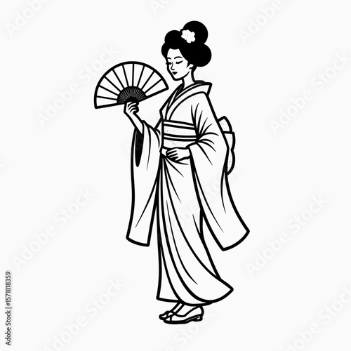 Young Asian woman in kimono holding a fan and standing elegantly  