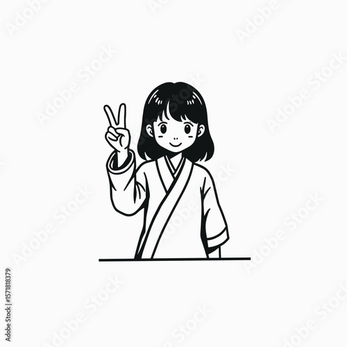 Young girl wearing kimono showing peace sign with a smile  