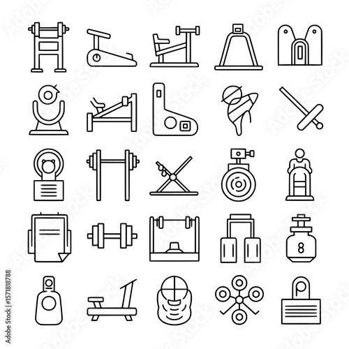 A set of 25 minimal line fitness and gym equipment icons on a transparent background, perfect for apps and