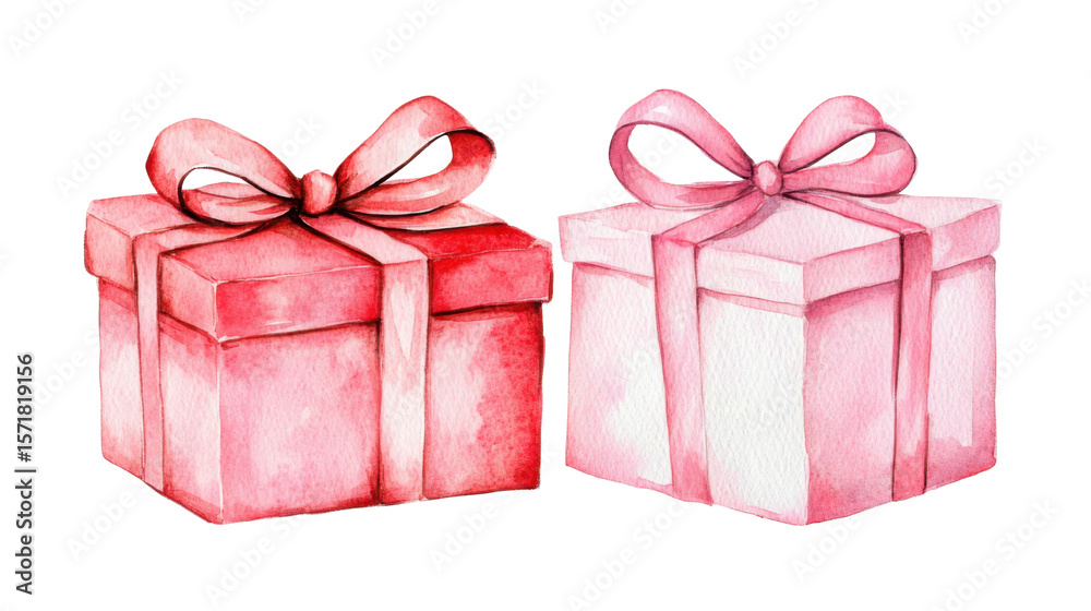 Obraz premium two pink gift boxes depicted in a watercolor with ribbon on white background