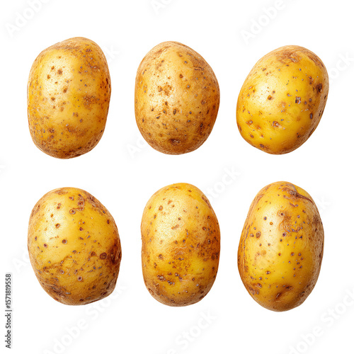 Six fresh potatoes arranged, perfect for a culinary creation. The potatoes are unblemished and ready to be transformed into delicious dishes.