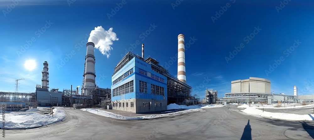 Obraz premium Smoke-Billowing Thermal Power Station Captured in a Panoramic Frame, Reflecting Pollution, Fossil Fuel Dependency, and the Climate Emergency