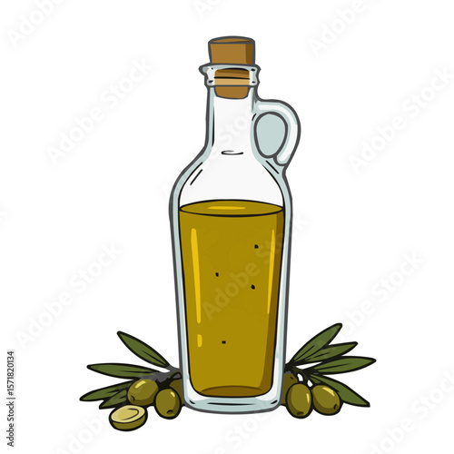 Olive oil bottle with green olives and leaves isolated on transparent background