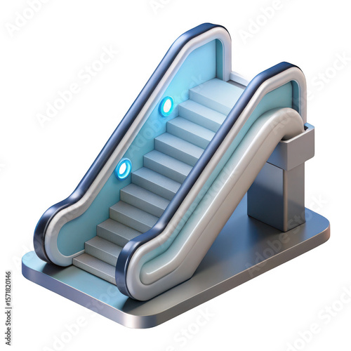 Modern futuristic escalator with blue lights isolated on transparent background