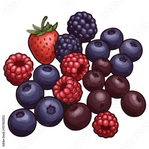 Mixed berries illustration with strawberries, blueberries, and raspberries  isolated on transparent background