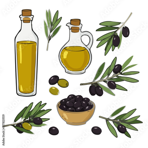 Olive oil bottles with olives and branches isolated on transparent background