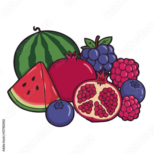 Colorful assortment of fruits including watermelon, pomegranate, berries  isolated on transparent background