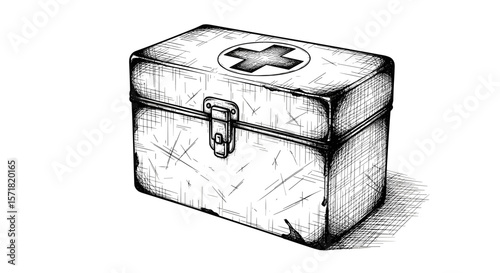 Vintage sketch doodle old medical first aid kit box, black line drawing, white background