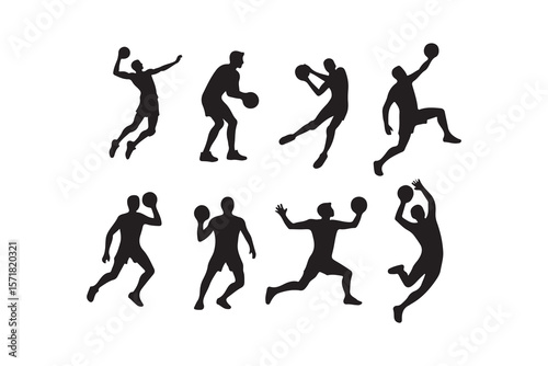 Wallpaper Mural Dynamic Volleyball Players Silhouette Set.A collection of black silhouette illustrations of male volleyball players in various dynamic action poses. Torontodigital.ca
