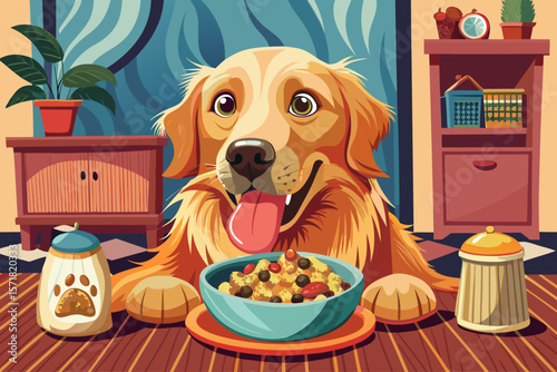 vector of Portrait of golden retriever dog eating healthy dry food from bowl at home.
