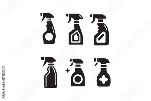 Set of Cleaning Spray Bottles Icons.This image features a collection of six black and white icons depicting various cleaning spray bottles.