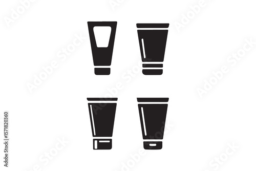 Four Simple Black and White Cosmetic Tube Icons.Four stylized, solid black icons of cosmetic tubes.