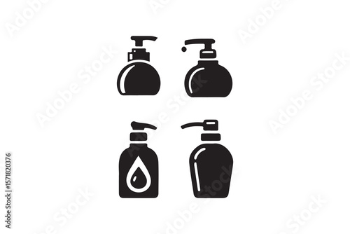Four Different Soap Dispenser Bottles in a Clean, Modern Design.Four simple, black and white illustrations of soap dispensers in various perspectives.
