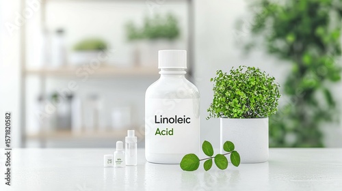 A clean, modern display featuring linoleic acid in a bottle alongside a vibrant green plant, symbolizing natural skincare.