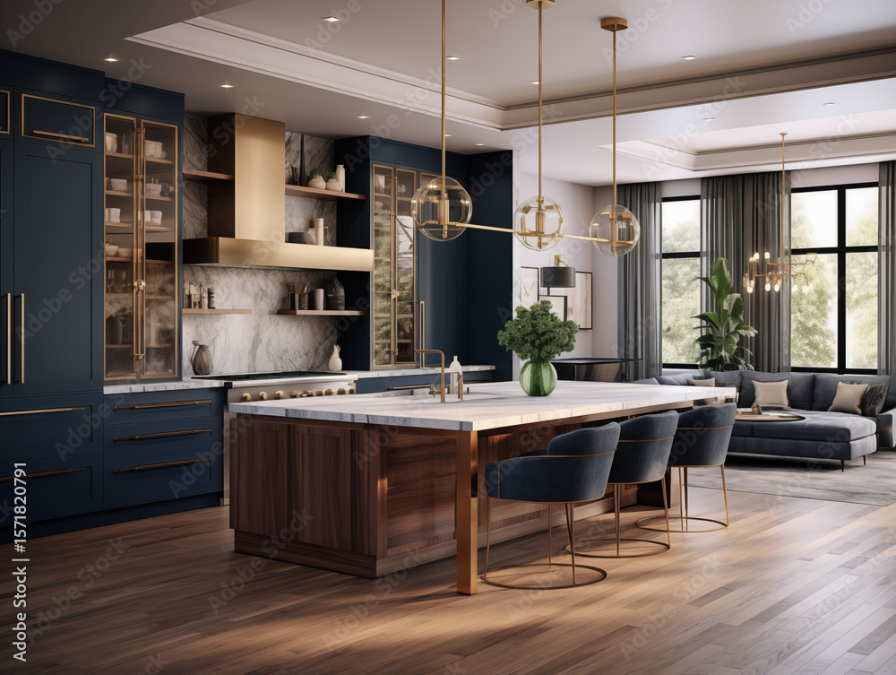 Fototapeta premium Retro and midcentury modern inspired kitchen interior and navy and bronze. Midimalist kitchen interior concept. VIntage kitchen style.