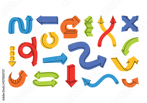 Arrows, points, design elements, actions and movement signs, pointers set. Pointing icons for direction, navigation in computer interface. Flat vector illustration isolated on white background. 