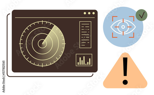 Radar screen with scanning lines, alert triangle, eye recognition confirmation. Ideal for security, surveillance, technology, cybersecurity, monitoring alerts data tracking. Simple flat metaphor