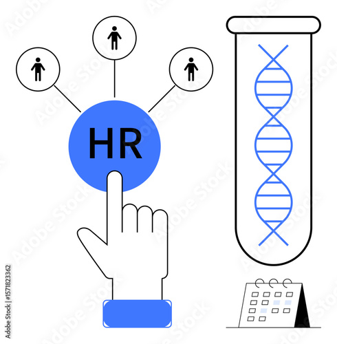 Hand selecting HR in blue circle, connecting figures a DNA helix in a test tube a calendar. Ideal for human resources, recruitment, genetics, biomedicine, workforce planning, analytics, simple flat