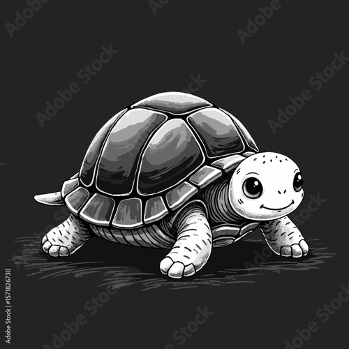 Cute cartoon turtle with big eyes on black background  