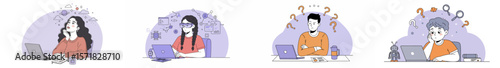 Illustration of four people contemplating or confused while using laptops in different workspaces