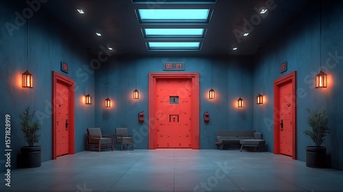 Escape room interior design with red doors and blue walls for game concept and challenge theme design halloween concept