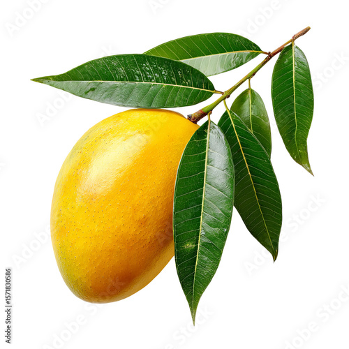 A ripe, juicy mango hanging from a leafy branch