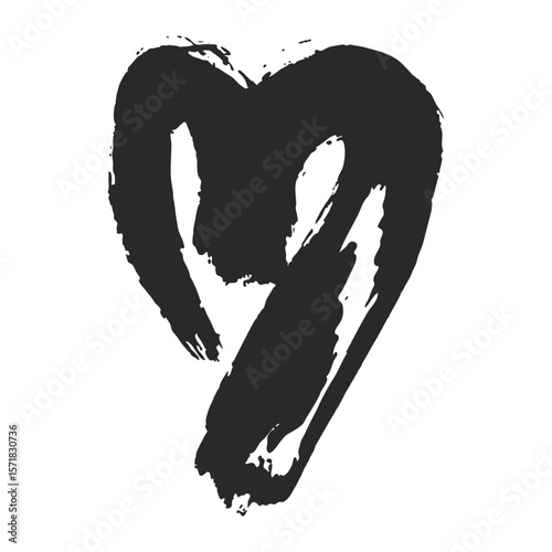 Black heart shape painted with a brushstroke effect on a white background. Heart painted with a brush. Vector