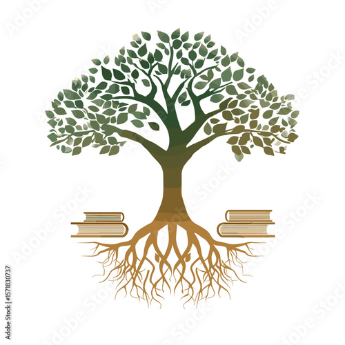 Tree with roots growing from books symbolizing knowledge, growth and education
