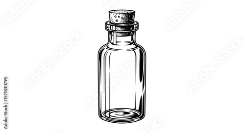 Vintage sketch doodle glass medicine bottle with cork stopper white background