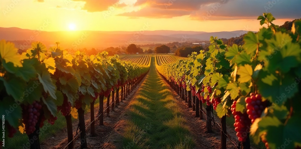 Fototapeta premium Golden Hour Vineyard Ripe Grapes Hanging Heavy on Sun-Drenched Vines Ready for Harvest, Picturesque Landscape