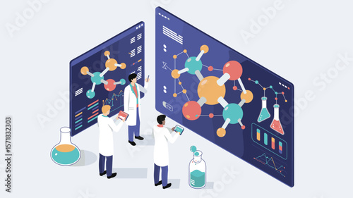 chemists analyzing molecular structures on virtual screens in a lab, isometric vector illustration for chemistry, virtual reaction simulation and pharmaceutical research