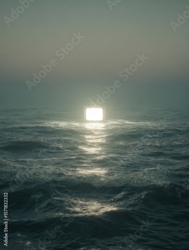 TV floating on ocean waves casting bright lights over the water captured in a surreal 1960s style photograph dreamlike and nostalgic.