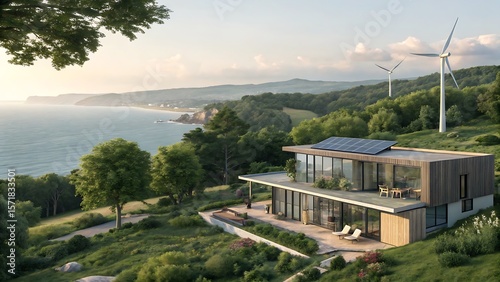 Modern house with solar panels and wind turbines overlooking the ocean on a grassy hillside